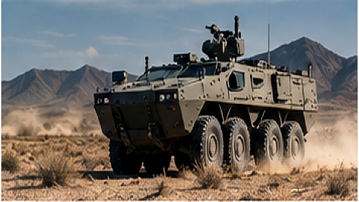 Armoured land platform in a desert environment